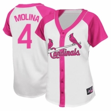 Women's Majestic St. Louis Cardinals #4 Yadier Molina Authentic White Pink Splash Fashion MLB Jersey