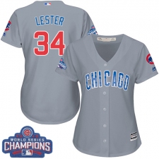 Women's Majestic Chicago Cubs #34 Jon Lester Authentic Grey Road 2016 World Series Champions Cool Base MLB Jersey