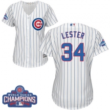 Women's Majestic Chicago Cubs #34 Jon Lester Authentic White Home 2016 World Series Champions Cool Base MLB Jersey