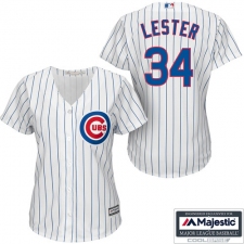 Women's Majestic Chicago Cubs #34 Jon Lester Replica White/Blue Strip Fashion MLB Jersey
