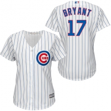 Women's Majestic Chicago Cubs #17 Kris Bryant Replica White/Blue Strip Fashion MLB Jersey