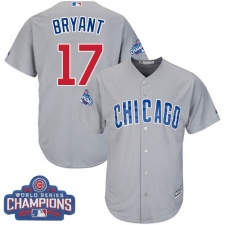 Youth Majestic Chicago Cubs #17 Kris Bryant Authentic Grey Road 2016 World Series Champions Cool Base MLB Jersey
