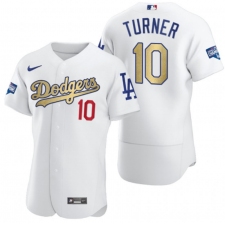 Men's Los Angeles Dodgers #10 Justin Turner Olive Gold 2020 World Series Champions Authentic Jersey