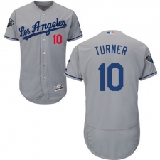 Men's Majestic Los Angeles Dodgers #10 Justin Turner Grey Road Flex Base Authentic Collection 2018 World Series MLB Jersey