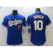 Men's Nike Los Angeles Dodgers #10 Justin Turner Blue Elite Game Champions Authentic Jersey