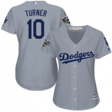 Women's Majestic Los Angeles Dodgers #10 Justin Turner Authentic Grey Road Cool Base 2018 World Series MLB Jersey
