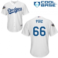Youth Majestic Los Angeles Dodgers #66 Yasiel Puig Authentic White Home Cool Base 2018 World Series MLB Jersey