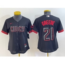 Women's Cincinnati Reds #21 Hunter Greene Black 2023 City Connect Cool Base Stitched Jersey1