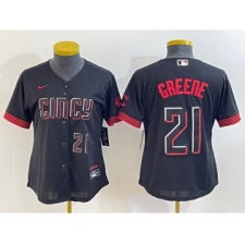 Women's Cincinnati Reds #21 Hunter Greene Number Black 2023 City Connect Cool Base Stitched Jersey1