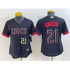 Women's Cincinnati Reds #21 Hunter Greene Number Black 2023 City Connect Cool Base Stitched Jersey