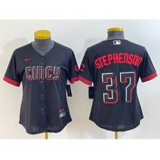 Women's Cincinnati Reds #37 Tyler Stephenson Black 2023 City Connect Cool Base Stitched Jersey1