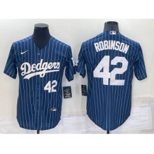 Men's Los Angeles Dodgers #42 Jackie Robinson Number Navy Blue Pinstripe Stitched MLB Cool Base Nike Jersey