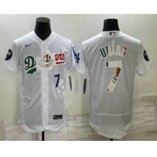 Men's Los Angeles Dodgers #7 Julio Urias Number White With Vin Scully Flex Base Stitched Baseball Jerseys