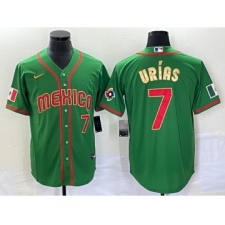 Men's Mexico Baseball #7 Julio Urias Number 2023 Green Red Gold World Baseball Classic Stitched Jersey 2