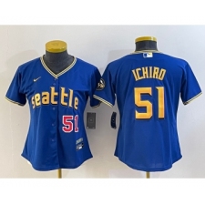 Women's Seattle Mariners #51 Ichiro Suzuki Number Blue 2023 City Connect Cool Base Stitched Jersey1