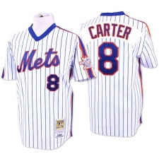 Men's Mitchell and Ness New York Mets #8 Gary Carter Authentic White/Blue Strip Throwback MLB Jersey