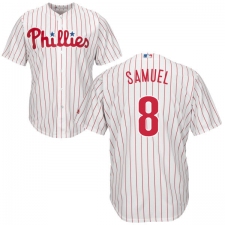Youth Majestic Philadelphia Phillies #8 Juan Samuel Authentic White/Red Strip Home Cool Base MLB Jersey