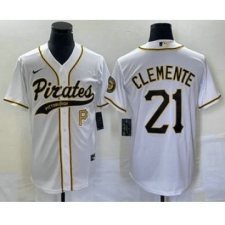 Men's Pittsburgh Pirates #21 Roberto Clemente Number White Cool Base Stitched Baseball Jersey