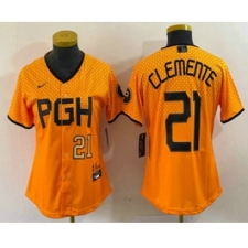 Women's Pittsburgh Pirates #21 Roberto Clemente Number Yellow 2023 City Connect Stitched Jersey2