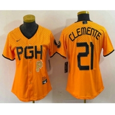 Women's Pittsburgh Pirates #21 Roberto Clemente Yellow 2023 City Connect Stitched Jersey1