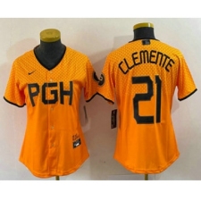 Women's Pittsburgh Pirates #21 Roberto Clemente Yellow 2023 City Connect Stitched Jersey