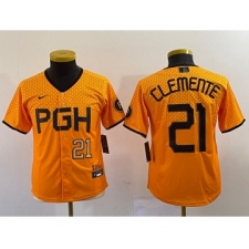 Youth Nike Pittsburgh Pirates #21 Roberto Clemente Number Yellow 2023 City Connect Stitched Jersey1