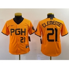 Youth Nike Pittsburgh Pirates #21 Roberto Clemente Number Yellow 2023 City Connect Stitched Jersey2