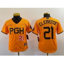Youth Nike Pittsburgh Pirates #21 Roberto Clemente Number Yellow 2023 City Connect Stitched Jersey