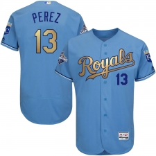 Men's Majestic Kansas City Royals #13 Salvador Perez Authentic Light Blue 2015 World Series Champions Gold Program FlexBase MLB Jersey