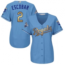 Women's Majestic Kansas City Royals #2 Alcides Escobar Authentic Light Blue 2015 World Series Champions Gold Program Cool Base MLB Jersey