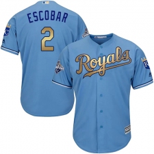 Youth Majestic Kansas City Royals #2 Alcides Escobar Authentic Light Blue 2015 World Series Champions Gold Program Cool Base MLB Jersey