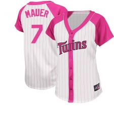 Women's Majestic Minnesota Twins #7 Joe Mauer Authentic White/Pink Splash Fashion MLB Jersey