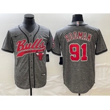 Men's Chicago Bulls #91 Dennis Rodman Grey Gridiron Cool Base Stitched Baseball Jersey