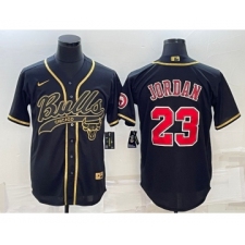 Men's Chicago Bulls #23 Michael Jordan Black Gold With Patch Cool Base Stitched Baseball Jersey