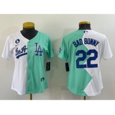 Women's Los Angeles Dodgers #22 Bad Bunny White Green Two Tone 2022 Celebrity Softball Game Cool Base Jersey2
