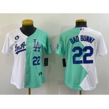 Youth Los Angeles Dodgers #22 Bad Bunny White Green Two Tone 2022 Celebrity Softball Game Cool Base Jersey1