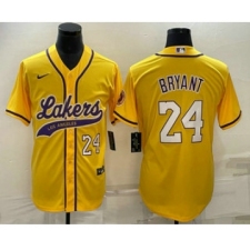 Men's Los Angeles Lakers #24 Kobe Bryant Number Yellow With Cool Base Stitched Baseball Jersey