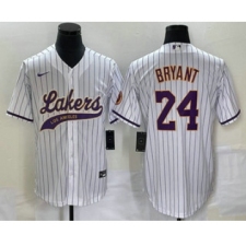 Men's Los Angeles Lakers #24 Kobe Bryant White Pinstripe Cool Base Stitched Baseball Jersey1