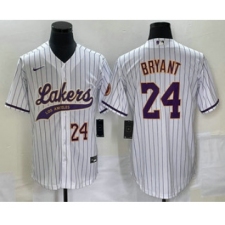 Men's Los Angeles Lakers #24 Kobe Bryant White Pinstripe Cool Base Stitched Baseball Jersey2