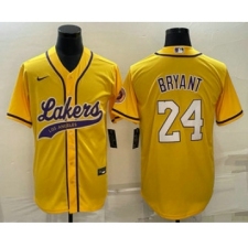 Men's Los Angeles Lakers #24 Kobe Bryant Yellow With Cool Base Stitched Baseball Jersey