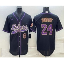 Men's Los Angeles Lakers #8 #24 Kobe Bryant Number Black With Cool Base Stitched Baseball Jersey
