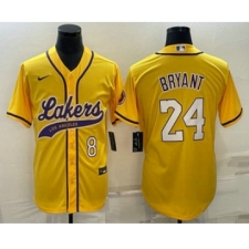 Men's Los Angeles Lakers #8 #24 Kobe Bryant Yellow With Cool Base Stitched Baseball Jersey