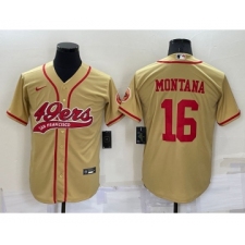Men's San Francisco 49ers #16 Joe Montana Gold Stitched Cool Base Nike Baseball Jersey