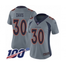 Women's Denver Broncos #30 Terrell Davis Limited Silver Inverted Legend 100th Season Football Jersey