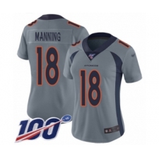 Women's Denver Broncos #18 Peyton Manning Limited Silver Inverted Legend 100th Season Football Jersey