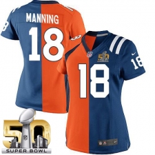 Women's Nike Denver Broncos #18 Peyton Manning Limited Navy Blue/White Split Fashion Super Bowl 50 Bound NFL Jersey
