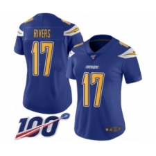 Women's Nike Los Angeles Chargers #17 Philip Rivers Limited Electric Blue Rush Vapor Untouchable 100th Season NFL Jersey