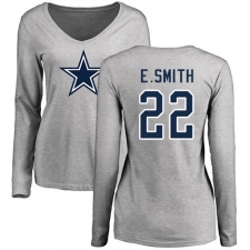 NFL Women's Nike Dallas Cowboys #22 Emmitt Smith Ash Name & Number Logo Slim Fit Long Sleeve T-Shirt