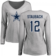 NFL Women's Nike Dallas Cowboys #12 Roger Staubach Ash Name & Number Logo Slim Fit Long Sleeve T-Shirt