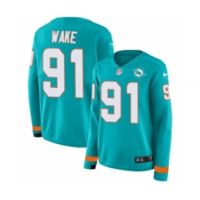 Women's Nike Miami Dolphins #91 Cameron Wake Limited Aqua Therma Long Sleeve NFL Jersey